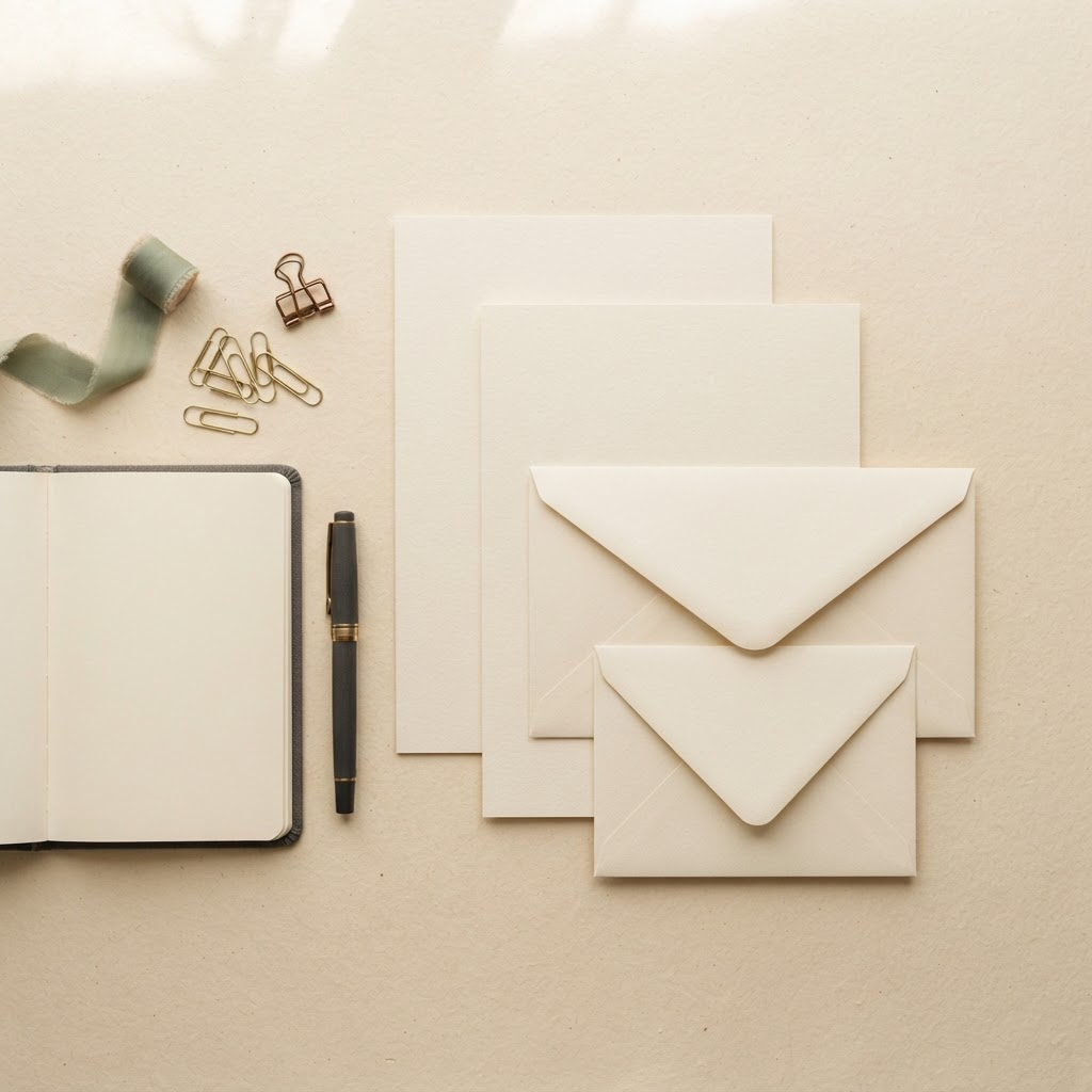 Flat lay of blank stationery, envelopes, a notebook and a pen on a cream background